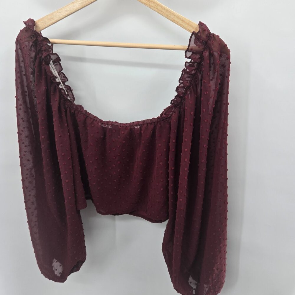 Shein Curve Cropped Burgundy Swiss Dots Blouse 2xl - Picture 2 of 14